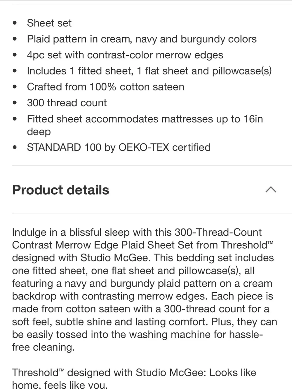 Studio McGee Queen 300Thread Count Sheet Set , Merrow Edge Plaid